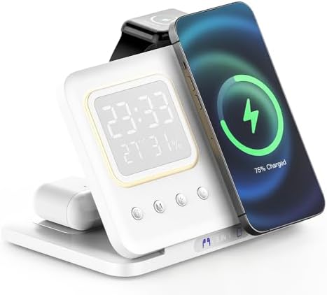 3-in-1 Wireless Charging Station with Digital Alarm Clock & Night Light – 15 W Fast Charge for Qi Phones, i Watch & Earbuds – Space-Saving Multi-Device Charger with Adjustable Brightness, QC3.0 Technology, and Enhanced Safety Features – Perfect Smart Lamp for Home or Office Use