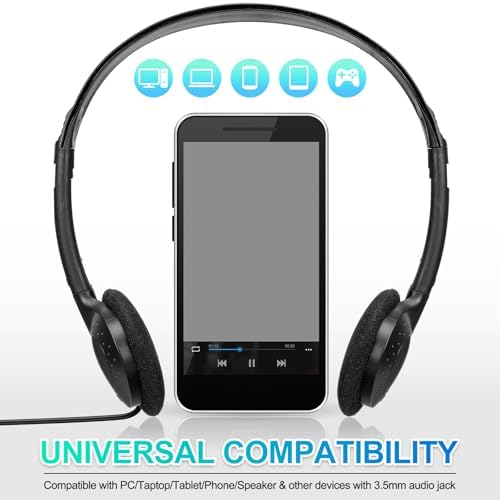 60-Piece Classroom Headphone Set – Adjustable On-Ear Design for All Ages – Noise-Canceling 3.5 mm Audio Jack – Premium Sound for Schools and Libraries – Hygienic, Durable, and Lightweight Headphones for Enhanced Learning Experiences – Perfect for Prolonged Use in Educational Settings