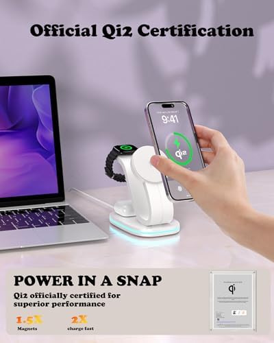 Ultimate 3-in-1 Qi2 Wireless Charging Station with 30 W USB-C Fast Adapter – Sleek Mag-Safe Charger Stand for i Phone 16, 15, 14 Pro Max, Apple Watch Series 10, 9 & Air Pods 4, 3 Pro – Enhanced Efficiency & Safety Features for Multi-Device Charging Convenience Experience unparalleled charging efficiency with our state-of-the-art 3-in-1 Wireless Charging Station, specifically crafted for Qi2-compatible devices. This advanced Mag-Safe charger stand delivers an impressive 15 W fast charge for your i Phone, 2.5 W for your Apple Watch, and 3 W for your Air Pods, ensuring a swift power-up for all your essentials. Engineered with a 30 W USB-C adapter, our charging station guarantees safety and stability, featuring intelligent current balancing and multi-level protection mechanisms against overheating and overcharging. The sleek design includes an adjustable LED nightlight, providing a soothing ambiance while conserving space on your nightstand or desk. With precise magnetic alignment for effortless device placement, enjoy a hassle-free charging experience while keeping your devices secure. Perfect for modern lifestyles, this charging solution combines functionality and aesthetics seamlessly. Elevate your charging routine with this indispensable accessory!