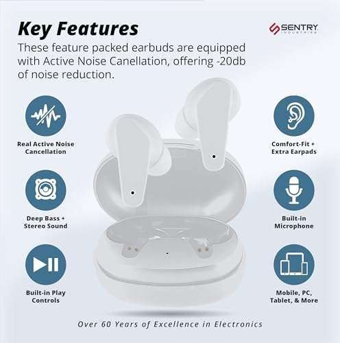 SENTRY OSE Wireless Stem Earbuds – Elevate Your Audio Experience with -20 d B Active Noise Cancellation, 10-Hour Playtime, and Touch Controls – Ideal for Commuters, Audiophiles, and On-the-Go Listening with Portable USB-C Charging Case and Built-In Microphone