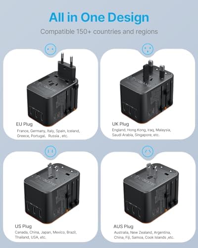 VINTAR Universal Travel Adapter: All-in-One Power Converter with 6 A Output, 3 USB-C and 2 USB Ports for Fast Global Charging Across Europe, UK, USA, and Australia – Essential Travel Accessory for Effortless Device Connectivity and Safety Features
