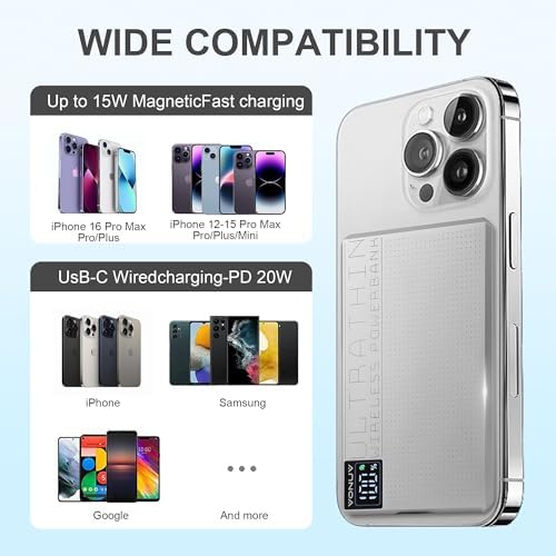 Ultra-Slim 5000 m Ah Magnetic Wireless Charger – Fast 15 W & 20 W PD Power Bank for i Phone 16/15/14/13 Pro Models – Sleek Travel-Friendly Design with Durable Metal Finish and LED Status Display for On-the-Go Charging Solutions