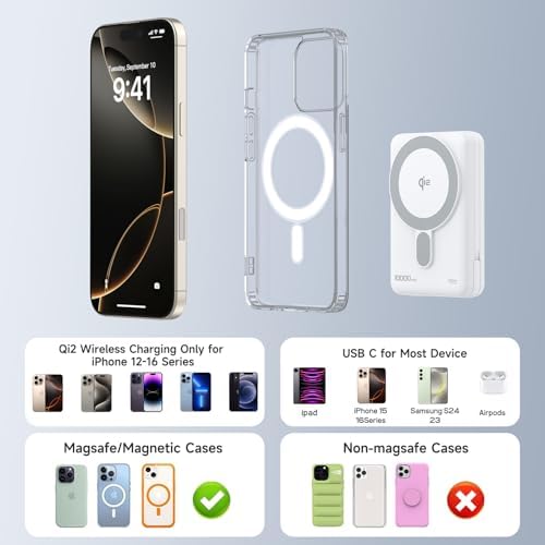Ultimate Magnetic Portable Charger 10,000 m Ah – Qi2 Certified 15 W Fast Wireless Power Bank with Foldable Stand, PD20 W USB-C Cable for i Phone 16/15/14/13/12 Series – Effortless Charging on the Go