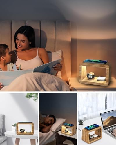 Eco-Friendly 3-in-1 Bamboo Wireless Charging Hub with Night Light – Fast Mag-Safe Charger for i Phone 16/15/14/13/12 Pro Max/X/Xs Max/8, Compatible with Air Pods Pro & Apple Watch – Stylish Solution for Tangle-Free Charging and Enhanced Nighttime Convenience