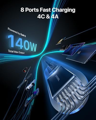 Intoval 140 W USB C Charging Hub: High-Speed 8-Port Power Adapter for i Phone, Mac Book, Galaxy, i Pad & More – Optimal Device Compatibility & Safety Features for Home and Office Use