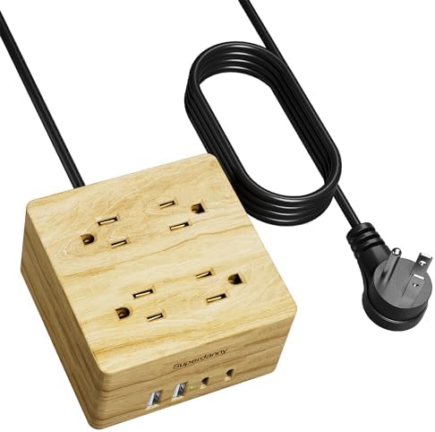 SUPERDANNY Portable USB Power Strip Surge Protector – Premium Desktop Extension Cord with 4 Spacious Outlets & 4 Advanced Smart USB Charging Ports for Home, Office, Hotel, Dorm, and RV Use – Elegant Faux Walnut Finish for Enhanced Aesthetics and Device Safety