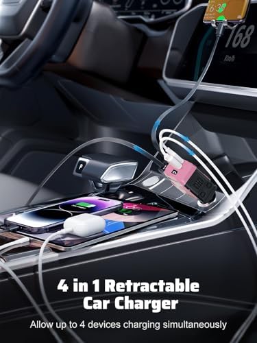 Celestial Power: 4-in-1 Starlight Retractable Car Charger with Fast Dual USB Ports – Compatible with i Phone 15/14/13 – Innovative Tangle-Free Charging Solution for Enhanced Portability and Style