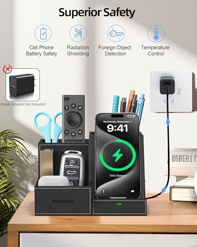 Elevate Your Workspace: Multifunctional Wireless Charger & Desk Organizer with 3 Compartments and Phone Stand – PU Black – Fast Charging & Stylish Office Essential for Maximum Productivity and Organization