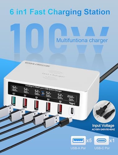 Ultimate 100 W 6-Port USB Charging Hub with Qi Wireless Charging Pad – Rapid Multi-Device Power Station for i Phone, Samsung, Tablets & More – Essential for Home, Office, and Travel Efficiency