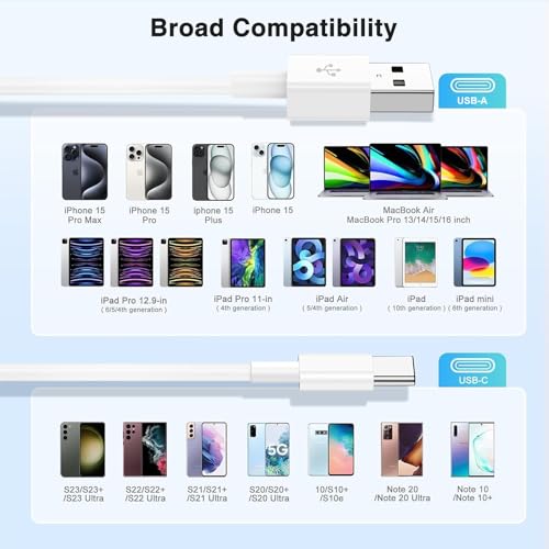 6 FT USB A to USB C Carplay Charging Cable – 3-Pack for i Phone 15/16, i Pad Pro/Air/Mini, Samsung Galaxy S25/S24/S23, and Mac Book – Fast Charging & High-Speed Data Transfer for Enhanced Compatibility on the Go