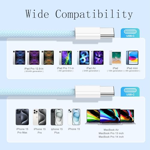 USB C to USB C,240W USB-C Woven Charge Cable,6.6ft 2Pack USB C Cable Fast Charging Cord for Apple MacBook Pro/MacBook Air,iPad Pro/Air,iPad mini,iPhone 16 15 Pro Max Plus Compatible 140W/100W/60W/45W – Enhanced Compatibility and Speed