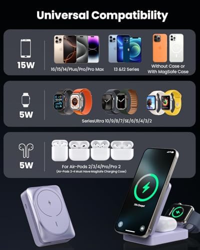 3-in-1 Qi2 Certified Wireless Charging Station – 15 W Fast Magnetic Charger for i Phone 16/15/14/13/12, Apple Watch, Air Pods – Foldable Design with 30 W USB-C Adapter for Ultimate Compatibility and Efficiency – Elevate Your Charging Experience with Enhanced Safety Features and Versatile Viewing Angles