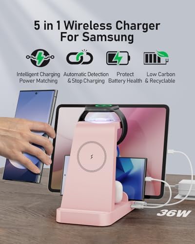 Ultimate 5-in-1 Wireless Charging Station for Samsung Devices – Fast Multi-Device Charger for Galaxy S25, S24, S23, S22, S20, Note Series, Z Fold 6, Galaxy Watch 7, 6, 5 & Buds – Sleek White Design for Home & Office with Enhanced Safety Features and Portability