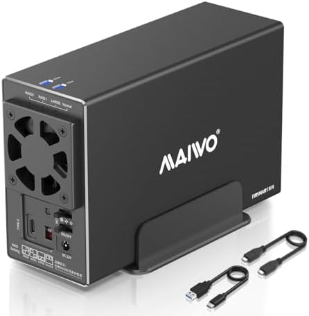 MAIWO Dual Bay Hard Drive RAID Enclosure – 48 TB Storage Solution with 5 Gbps USB 3.0 Connectivity, Premium Aluminum Design, and Cooling Fan for Optimal Performance – Supports RAID 0/1/JBOD/PM Configurations for Enhanced Data Management and Security