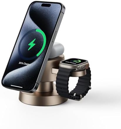 Magnetic 4-in-1 Wireless Charging Dock with 15 W Fast Charge and Adjustable Night Light for i Phone 16/15/14/13 Pro Max, Apple Watch, and Air Pods – Elegant Sand Gold Design for a Clutter-Free Charging Experience and Versatile Nighttime Use – Perfect Holiday Gift Option!