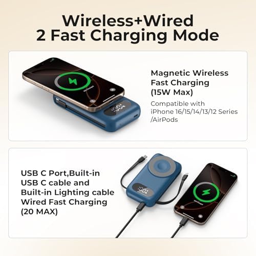High-Capacity 26800 m Ah Magnetic Power Bank: All-in-One Wireless Charging Solution for i Phone 12-16, Samsung, Android & Air Pods – Fast and Efficient Multi-Device Charger with Built-in Cables & Apple Watch Compatibility (Stylish Blue) – Your Ultimate Travel Power Companion