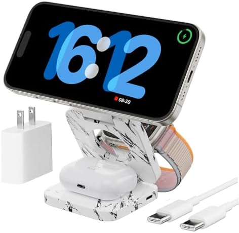 X55 Magnetic Foldable 3-in-1 Charging Station for Apple Devices – 15 W Fast Wireless Charger for i Phone 16, 15, 14, 13, 12 Series, 5 W Apple Watch Power Station, Portable Air Pods Charging Stand – Sleek Black Design for Travel and Home Use