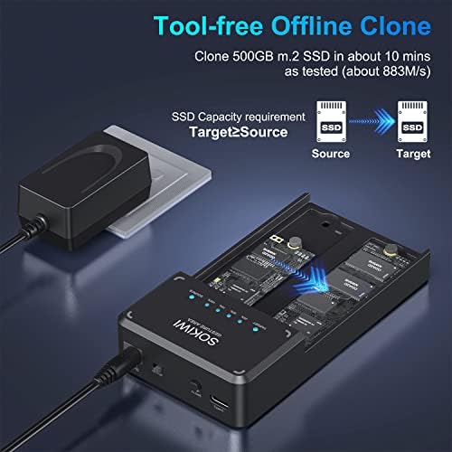 Sokiwi Tool-Free M.2 NVMe SATA SSD Enclosure Adapter – High-Speed USB 3.2 Gen2 10 Gbps External Drive Converter for M-Key/B+M Key SSDs – Compact and Durable Solution for Data Transfer, Backup, and Storage Expansion – Supports UASP & TRIM for Optimal Performance