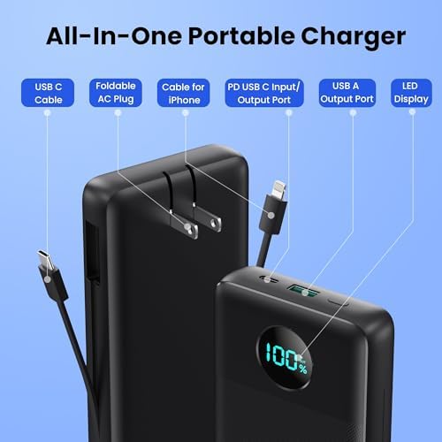 Ultimate USB C Power Bank with Dual Built-in Cables & AC Wall Plug – 13,800 m Ah Fast Charging Powerhouse for i Phone 16/15, Galaxy S23, Tablets – Compact LED Display, Universal Compatibility for On-the-Go Power Solutions