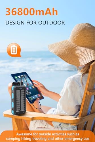 Ultra-High Capacity 36800 m Ah Solar Power Bank – Fast Charging USB-C Portable Charger with Dual LED Flashlights and IPX5 Waterproof Design for Outdoor Adventures, Ideal for Camping and Hiking – Universal Compatibility for i Phone and Android Devices