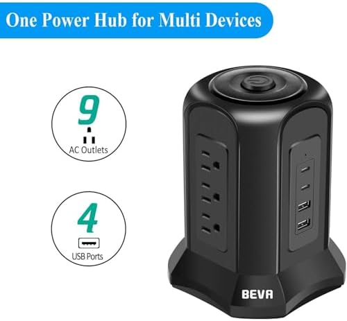 BEVA Tower Surge Protector Power Strip: 9 AC Outlets & 4 Fast-Charging USB Ports for Ultimate Device Connectivity, 6.5 FT 18 AWG Extension Cord with 3-Prong Flat Plug – Ideal Desk Charging Station for Office, Dorm & Home Use, Ensuring Safety & Efficiency