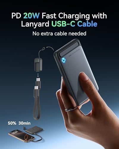 Ultra-Slim Mag Safe Portable Charger – INIU 20 W 5000 m Ah Magnetic Power Bank with Qi2 Certification, Fast Wireless Charging, Lanyard USB-C Cable & Kickstand for i Phone 12-16 – Compact Power Solution for On-the-Go Users