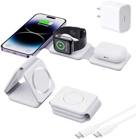 Ultimate 3-in-1 Wireless Charging Station for Apple Devices – Portable Foldable Magnetic Charger for i Phone 16, 15, 14, 13, 12 Pro Max, Air Pods & Apple Watch – Fast 18 W Charging for Enhanced Compatibility and Efficiency