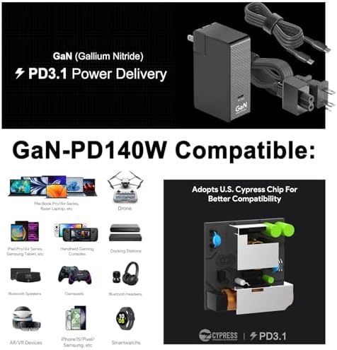 Maximize Your Charging Potential with the HKY 140 W Ga N USB-C Power Adapter: 10 Ft Slim Charger for Mac Book, Dell, Lenovo, MSI, and HP – PD3.1 Fast Charging for Laptops & Docking Stations – Unmatched Portability & Efficiency for Tech Enthusiasts