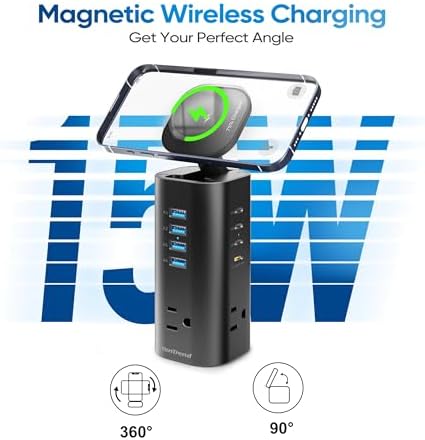Ten Trend Surge Protector Tower: 160 W Fast Charging Hub with 3 AC Outlets & 8 USB Ports (4 USB-C) – 5 FT Flat Plug Extension for Home Office Efficiency and Device Safety
