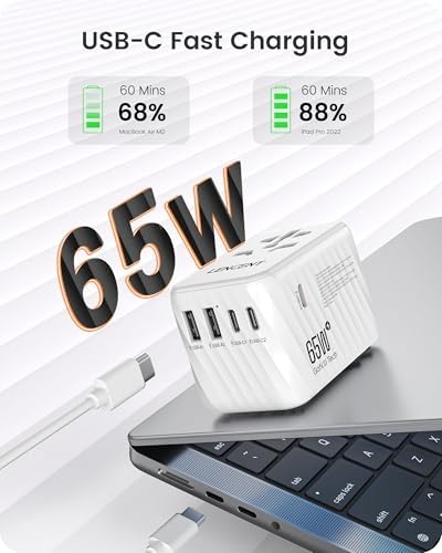 LENCENT 85 W Universal Travel Adapter with Retractable USB-C Cable – High-Speed International Plug Converter Featuring 3 Type-C & 1 USB-A Ports for Effortless Worldwide Charging – Your Ultimate Travel Essential for Maximum Compatibility, Fast Charging, and Ga N Technology Efficiency