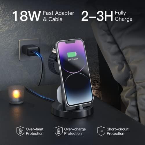 DUMTERR 3-in-1 Wireless Fast Charging Dock – Streamlined Charging Solution for i Phone 14 Pro Max/13/12/11/X/8 Plus, Air Pods & All Apple Watch Models (8/Ultra/7/6/SE/5/4/3/2) – Space-Saving Design with Enhanced Safety Features for a Modern Workspace and Effortless Multi-Device Power-ups