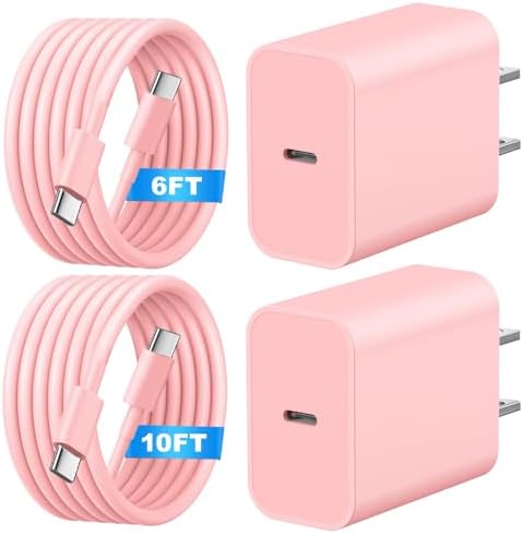 20 W Fast Charging USB C Charger Block in Chic Pink – Includes 6 TF/10 FT Type C to USB-C Cable – Optimized for i Phone 16 Series, i Pad & More – Perfect for Home, Office & Travel – Safe, Reliable, and Stylish Charging Solution