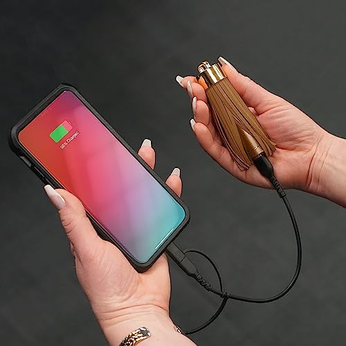 Stylish Tan Tassel Keychain Power Bank – Fast Charging Portable Battery Pack for Smartphones & Tablets with Universal USB Compatibility and Compact Design