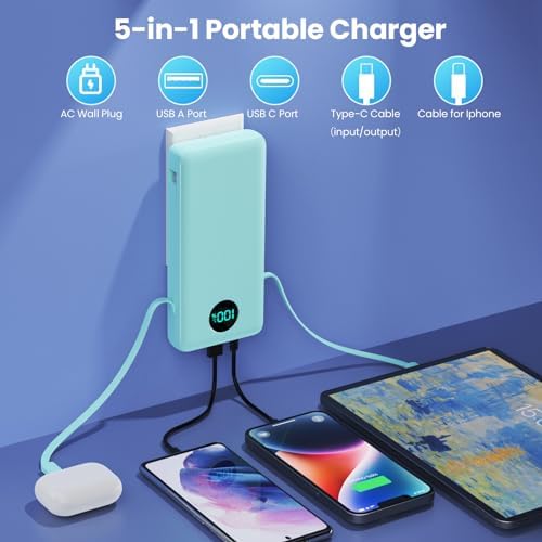 Ultra-High Capacity 33800 m Ah USB C Power Bank with Integrated Cables & AC Wall Adapter – Rapid 25 W Fast Charging with QC 4.0, Multi-Device Support, LCD Battery Status Display for i Phone 16/15, Samsung, Android, and More – Ultimate Portability and Efficiency for On-the-Go Power Solutions