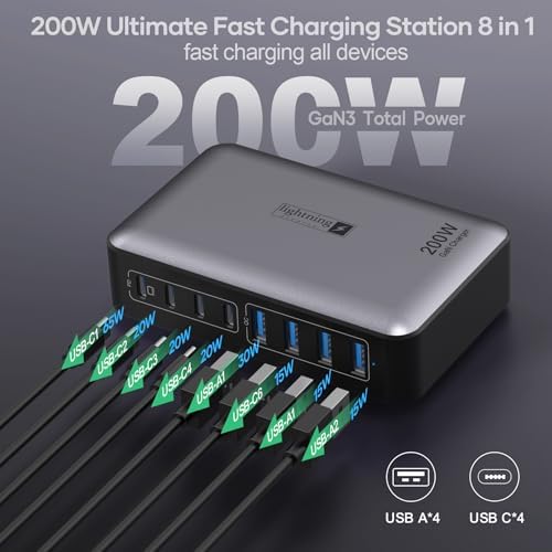 Transform Your Charging Routine with the 200 W 8-Port Fast Charging Hub – Multi-Device USB Station Featuring 65 W Laptop Adapter, Space-Saving Flat Plug, Durable Braided Cable, and User-Friendly On/Off Power Control for Optimal Performance and Safety