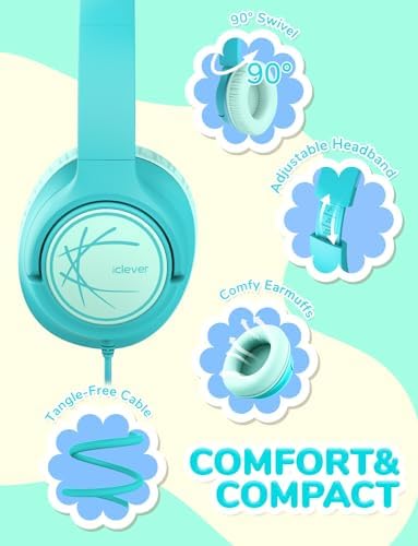 i Clever Kids Headphones: Safe 85 d B Volume Limit, Ergonomic Foldable Design, Superior Stereo Sound, 3.5 mm Jack Compatibility – Ideal for Travel, School & Home Use – Stylish Blue-Green for Boys & Girls