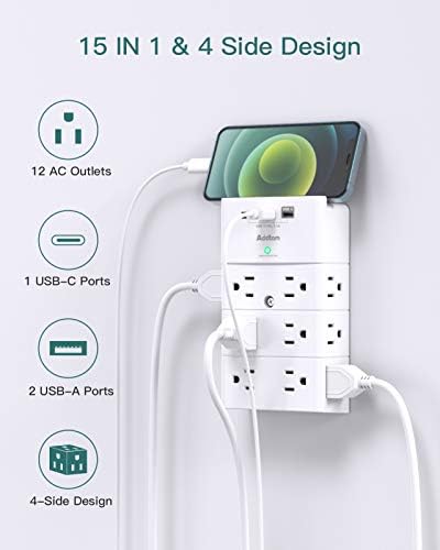Addtam Surge Protector Power Strip – 12-Outlet Wall Mount Multi Plug Extender with 3 USB Ports (Including USB-C) for Home, Office & Travel – Space-Saving Design with Enhanced Safety Features and Fast Charging Capability