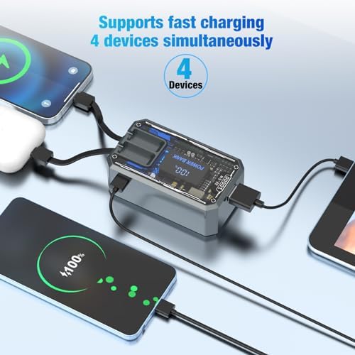 Compact 10000 m Ah Power Bank with Built-In Cables – 22.5 W Fast Charger for i Phone, i Pad, Samsung, and Android Devices – Sleek Transparent Design for Enhanced Battery Monitoring – Ultimate Portable Charging Solution for On-the-Go Lifestyle