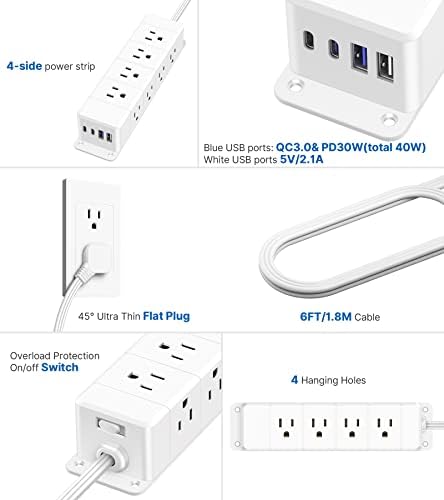 Maximize Workspace Efficiency with the 45 W USB-C Fast Charging Power Strip – 12 Outlets, 4 USB Ports, 1200 J Surge Protection, and 6 FT Flat Extension Cord for Seamless Under Desk Mounting and Enhanced Device Compatibility