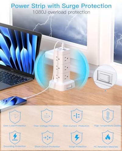 High-Performance Surge Protector Power Strip Tower with 12 Outlets and 4 USB Ports (2 USB-C) – Versatile Desktop Charging Station for Home Office and College Dorms, 6 Ft Flat Plug Extension Cord, Space-Saving Design for Enhanced Device Connectivity and Safety