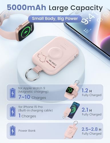 Compact RORRY 5000 m Ah Portable Charger Power Bank with Integrated Cables – Sleek Keychain Battery Pack for i Phone 16/15/14/13/12 and Apple Watch Ultra Series, Ultimate Travel Companion with Fast Charging and Modern Design