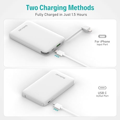 Ultra-Slim 20 W Fast Charging Power Bank with Built-in USB C Cable – 6000 m Ah Lightweight Portable Charger for i Phone 16, 15, Samsung & Android Devices – Essential Travel Battery Pack for On-the-Go Power Needs