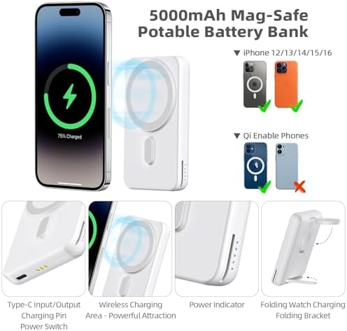 DDUAN 3-in-1 Wireless Charging Station for i Phone and Apple Watch – Foldable 5000 m Ah Magnetic Power Bank with Fast USB-C Charging for i Phone 16/15/14/13/12 Series – Sleek, Portable Design for Home and Travel