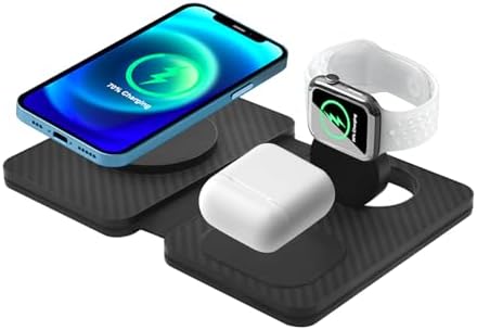 All-in-One Carbon Fiber Charging Station for Apple Devices – Fast Mag Safe Wireless Charger, Foldable Travel Solution for i Phone 16-12 Series, Air Pods & Apple Watch – Ultimate Portability & Efficiency