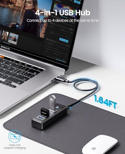 Ultra-Slim 4-Port USB 3.0 Hub by ORICO – High-Speed Data Splitter with 1.65 ft Extended Cable for Enhanced Connectivity, Perfect USB Adapter for Laptops, PCs, Mac Books, Xbox & More – Effortless Plug-and-Play Design for Seamless Device Management