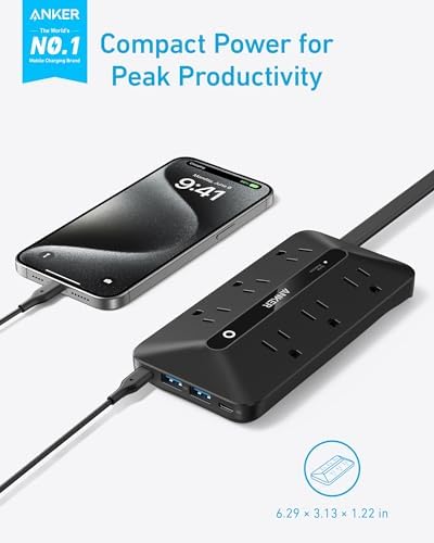 Anker Ultra-Thin 10-in-1 Power Strip with 300 J Surge Protection & USB Charging Hub – 6 AC Outlets, 2 USB-A, 2 USB-C Ports, 5-Foot Extension Cord for Home Office, College Dorm, and Workspaces – Space-Saving Desk Charging Station