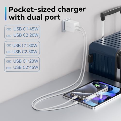 Ultra-Fast 65 W USB C Power Adapter – Dual-Port Travel Charger with PD3.0 Ga N III Technology for Rapid Device Charging – Perfect for Galaxy S23, i Phone 15 Pro, i Pad Pro, Mac Book Air & More – Compact, Foldable Design for On-the-Go Convenience and Maximum Compatibility