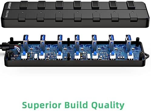 VEMONT 7-Port USB 3.0 Hub with Individual Power Switches and 5 V2 A Adapter – High-Speed USB Charging Hub for Enhanced Connectivity and Efficient Device Management with 4 ft Cable – Ideal for Tech Enthusiasts and Professionals