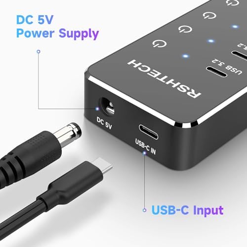 Maximize Your Device Connectivity with the RSHTECH 7-Port Powered USB 3.2 Hub – Lightning-Fast 10 Gbps Transfers, Individual Control Switches, and 3.3 ft Cable for Effortless Multi-Device Management – Perfect USB Hub Splitter for Laptops and PCs – Essential High-Performance Accessory for Home and Office Efficiency