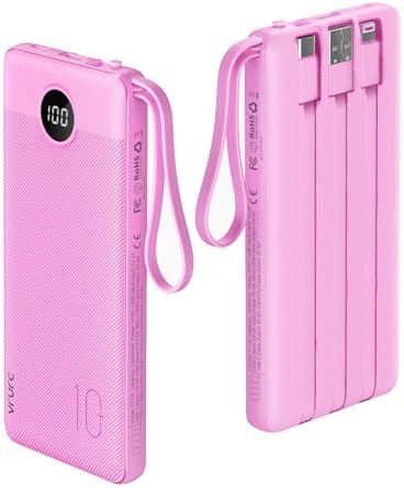 VRURC 10000 m Ah Portable Power Bank with Integrated Cables and LED Battery Indicator – Slim, Lightweight Travel Charger with Dual Input and Five Outputs for Effortless Device Charging – Ideal for Smartphones and Tech Gadgets – Stylish Blue Design (1 Pack) – Ultimate Convenience and Compatibility